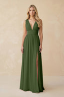V-Neck A-Line Chiffon Ruched Bridesmaid Dress in Moss | KISSBRIDAL