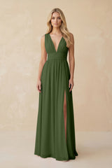 V-Neck A-Line Chiffon Ruched Bridesmaid Dress in Moss | KISSBRIDAL