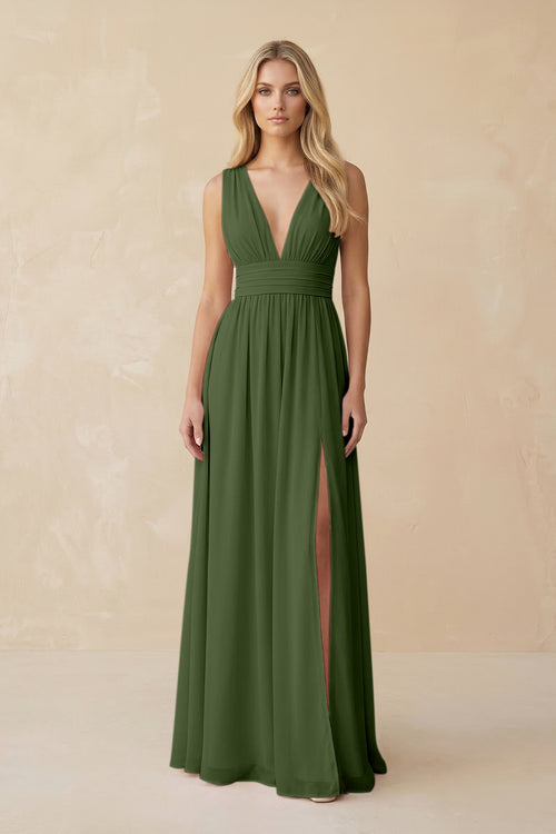 V-Neck A-Line Chiffon Ruched Bridesmaid Dress in Moss | KISSBRIDAL