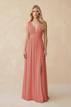 V - Neck A - Line Chiffon Ruched Bridesmaid Dress in Mulberry - SHE IS ME Bridesmaid Dresses