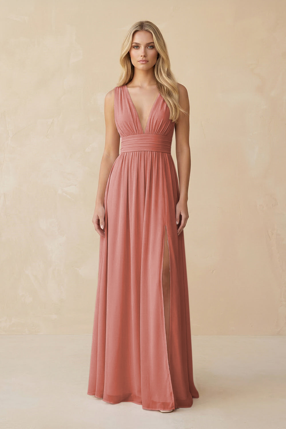 V-Neck A-Line Chiffon Ruched Bridesmaid Dress in Mulberry