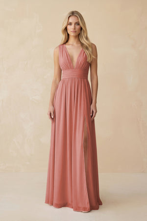 V-Neck A-Line Chiffon Ruched Bridesmaid Dress in Mulberry | KISSBRIDAL