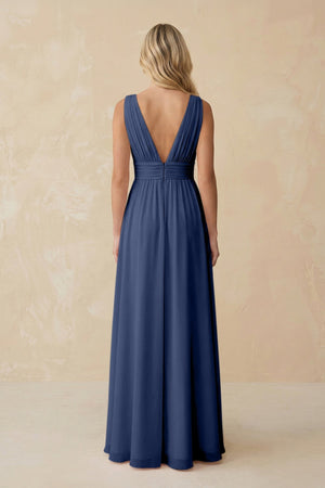 V - Neck A - Line Chiffon Ruched Bridesmaid Dress in Navy - SHE IS ME Bridesmaid Dresses