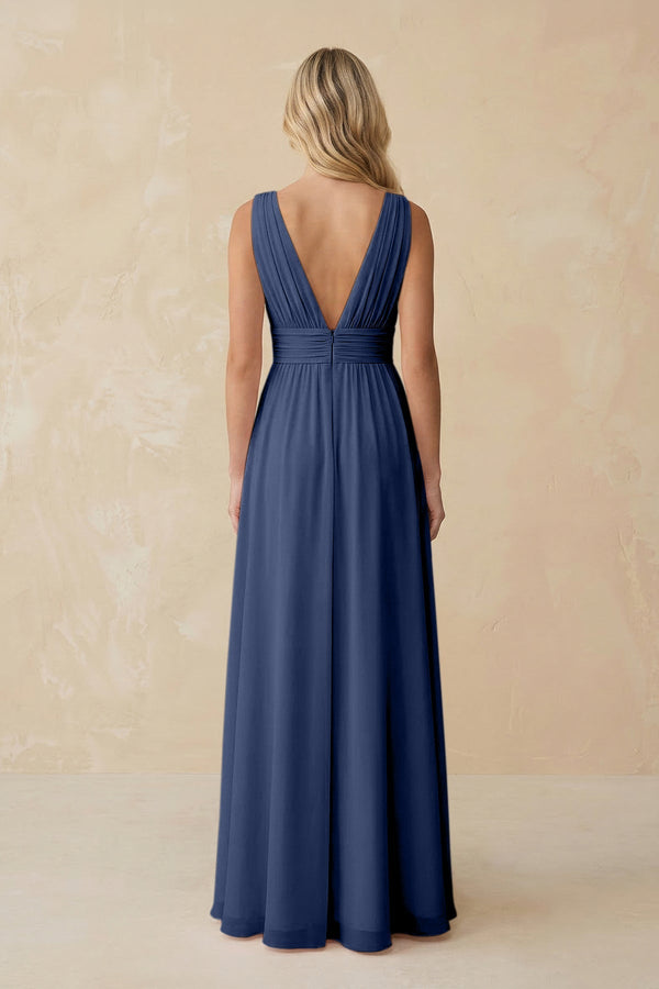 V - Neck A - Line Chiffon Ruched Bridesmaid Dress in Navy - SHE IS ME Bridesmaid Dresses