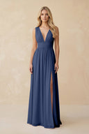 V - Neck A - Line Chiffon Ruched Bridesmaid Dress in Navy - SHE IS ME Bridesmaid Dresses