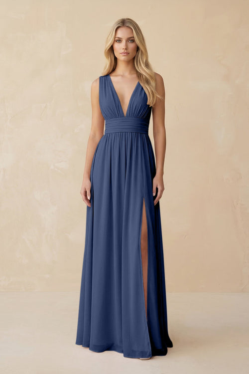 V - Neck A - Line Chiffon Ruched Bridesmaid Dress in Navy - SHE IS ME Bridesmaid Dresses