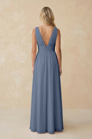 V - Neck A - Line Chiffon Ruched Bridesmaid Dress in Neptune - SHE IS ME Bridesmaid Dresses