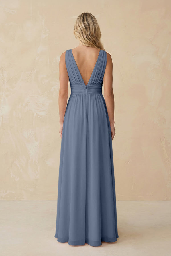 V - Neck A - Line Chiffon Ruched Bridesmaid Dress in Neptune - SHE IS ME Bridesmaid Dresses