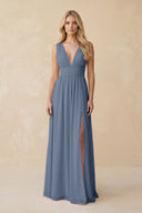 V - Neck A - Line Chiffon Ruched Bridesmaid Dress in Neptune - SHE IS ME Bridesmaid Dresses