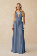 V - Neck A - Line Chiffon Ruched Bridesmaid Dress in Neptune - KISS BRIDAL Bridesmaid Dresses