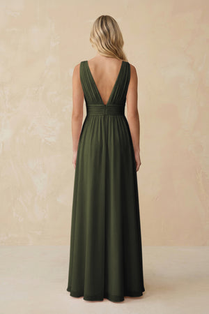 V-Neck A-Line Chiffon Ruched Bridesmaid Dress in Olive (2) | KISSBRIDAL