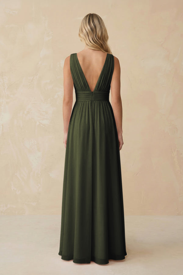 V-Neck A-Line Chiffon Ruched Bridesmaid Dress in Olive (2) | KISSBRIDAL