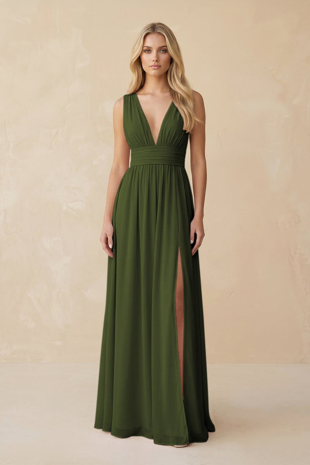 V - Neck A - Line Chiffon Ruched Bridesmaid Dress in Olive - KISS BRIDAL Bridesmaid Dresses