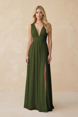 V - Neck A - Line Chiffon Ruched Bridesmaid Dress in Olive - KISS BRIDAL Bridesmaid Dresses