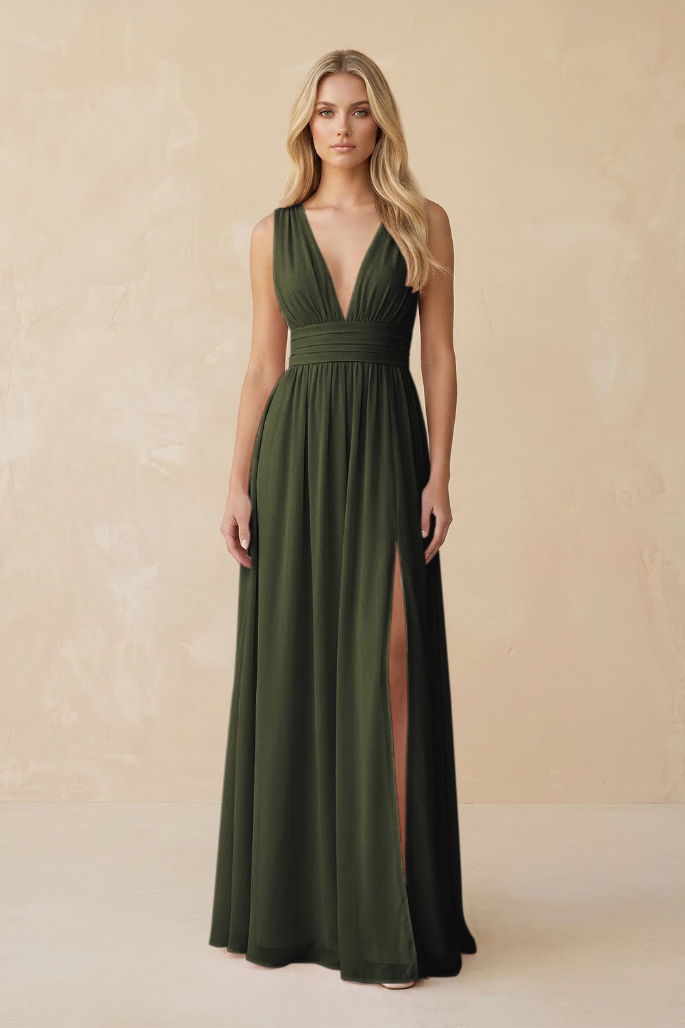 V-Neck A-Line Chiffon Ruched Bridesmaid Dress in Olive