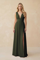 V-Neck A-Line Chiffon Ruched Bridesmaid Dress in Olive | KISSBRIDAL
