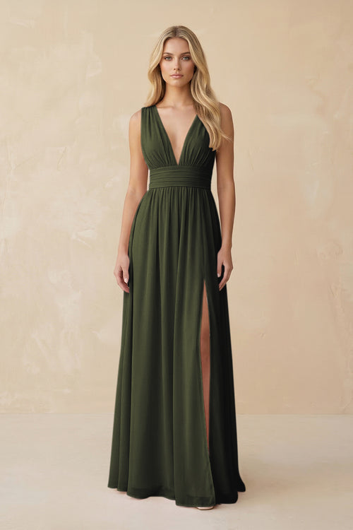 V-Neck A-Line Chiffon Ruched Bridesmaid Dress in Olive | KISSBRIDAL