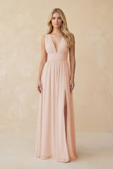 V - Neck A - Line Chiffon Ruched Bridesmaid Dress in Pale Blush - KISS BRIDAL Bridesmaid Dresses