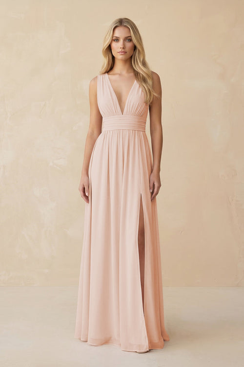V - Neck A - Line Chiffon Ruched Bridesmaid Dress in Pale Blush - SHE IS ME Bridesmaid Dresses