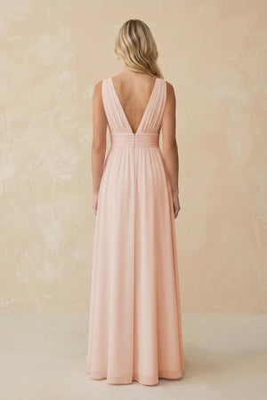 V - Neck A - Line Chiffon Ruched Bridesmaid Dress in Pale Blush - SHE IS ME Bridesmaid Dresses