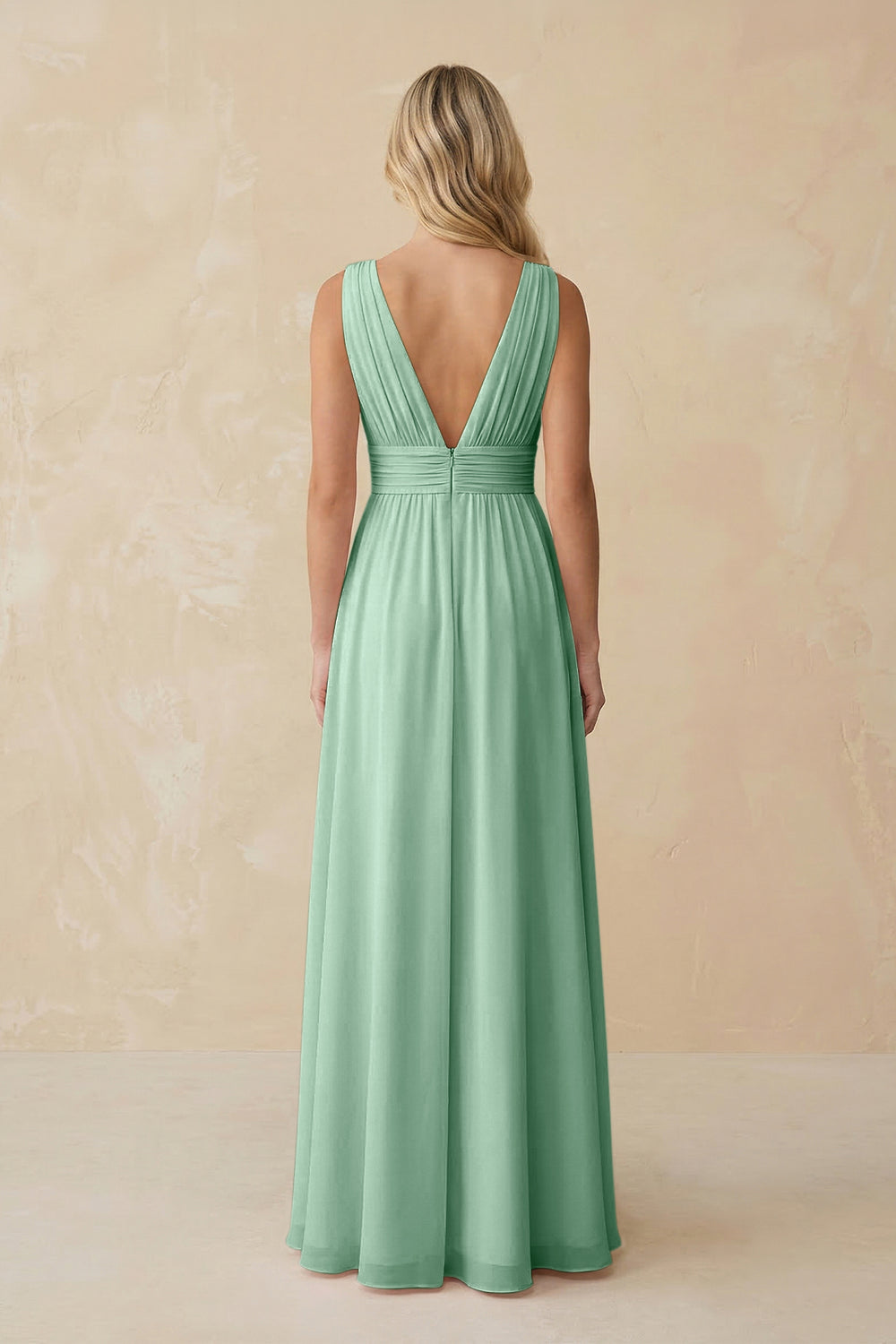 V-Neck A-Line Chiffon Ruched Bridesmaid Dress in Pale Pistachio