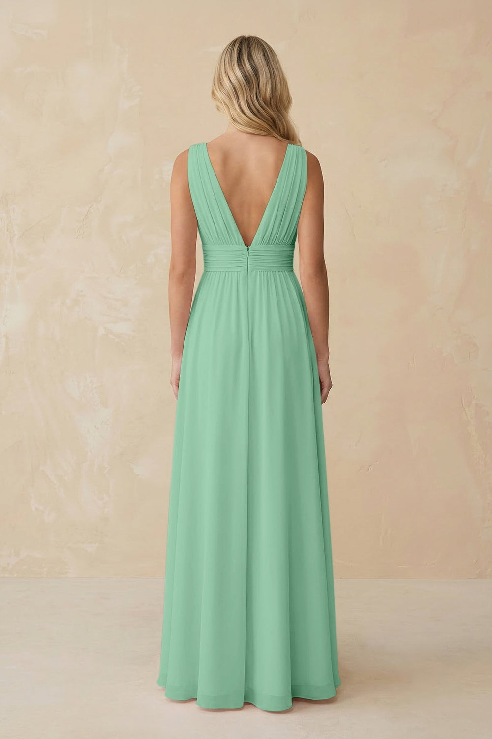V - Neck A - Line Chiffon Ruched Bridesmaid Dress in Pale Pistachio - KISS BRIDAL Bridesmaid Dresses