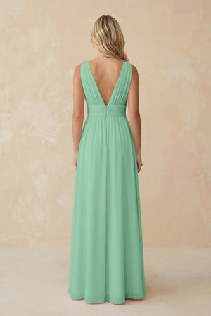 V - Neck A - Line Chiffon Ruched Bridesmaid Dress in Pale Pistachio - SHE IS ME Bridesmaid Dresses