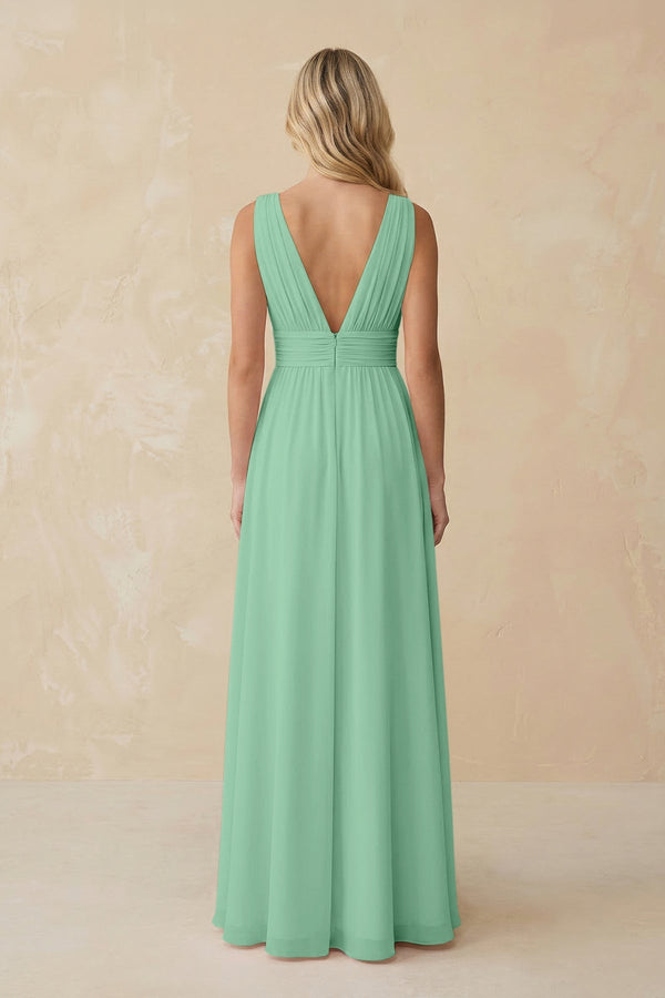 V - Neck A - Line Chiffon Ruched Bridesmaid Dress in Pale Pistachio - SHE IS ME Bridesmaid Dresses