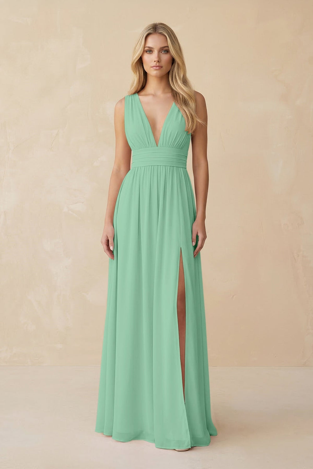 V - Neck A - Line Chiffon Ruched Bridesmaid Dress in Pale Pistachio - KISS BRIDAL Bridesmaid Dresses