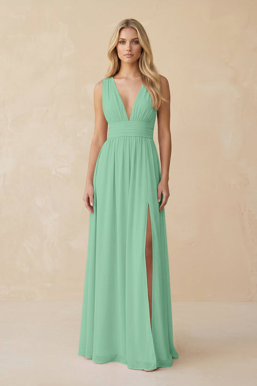 V - Neck A - Line Chiffon Ruched Bridesmaid Dress in Pale Pistachio - SHE IS ME Bridesmaid Dresses
