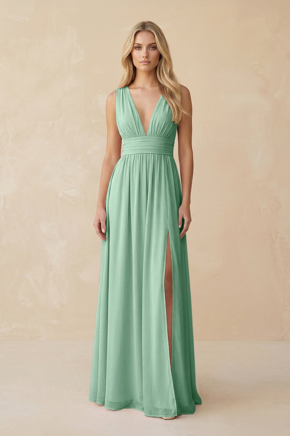 V-Neck A-Line Chiffon Ruched Bridesmaid Dress in Pale Pistachio