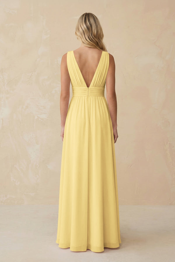 V - Neck A - Line Chiffon Ruched Bridesmaid Dress in Pastel Yellow - SHE IS ME Bridesmaid Dresses