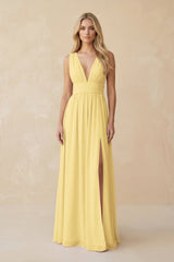 V - Neck A - Line Chiffon Ruched Bridesmaid Dress in Pastel Yellow - KISS BRIDAL Bridesmaid Dresses