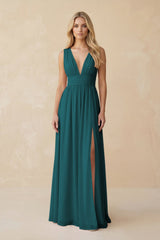 V - Neck A - Line Chiffon Ruched Bridesmaid Dress in Pine - KISS BRIDAL Bridesmaid Dresses