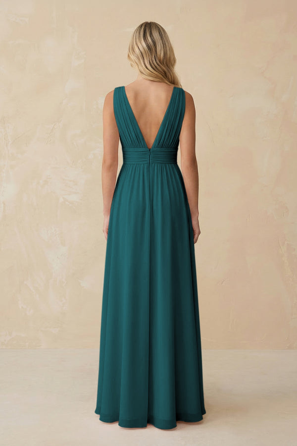 V - Neck A - Line Chiffon Ruched Bridesmaid Dress in Pine - SHE IS ME Bridesmaid Dresses