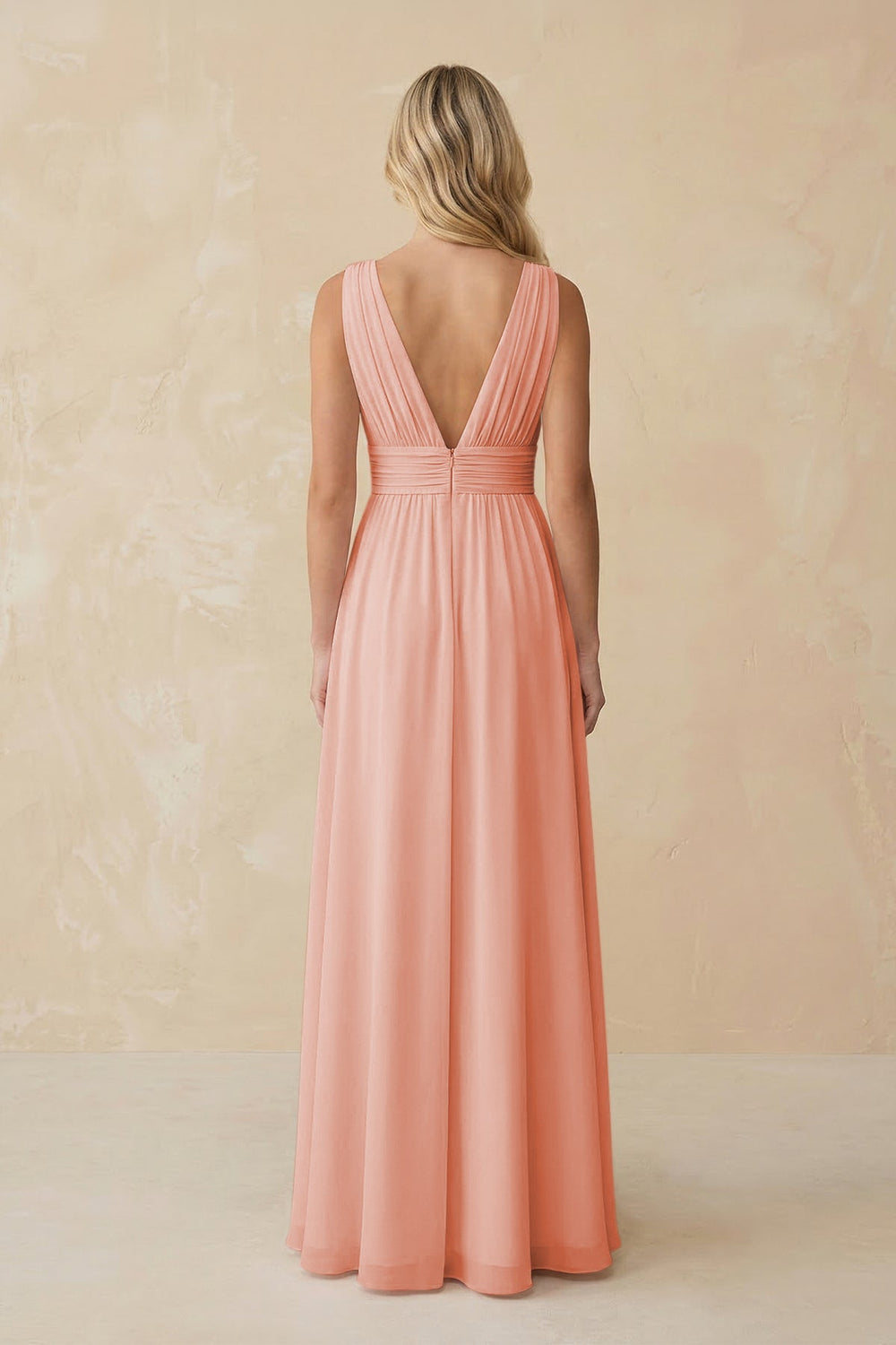 V - Neck A - Line Chiffon Ruched Bridesmaid Dress in Rose Petal - KISS BRIDAL Bridesmaid Dresses