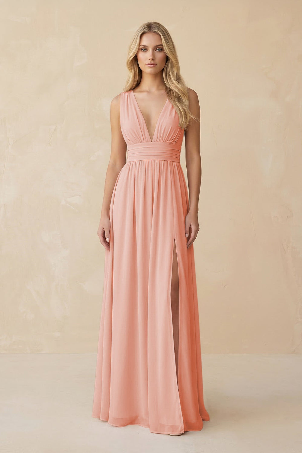 V - Neck A - Line Chiffon Ruched Bridesmaid Dress in Rose Petal - KISS BRIDAL Bridesmaid Dresses