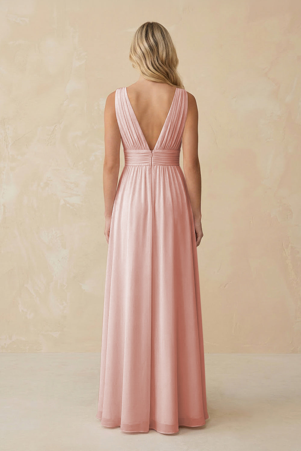 V-Neck A-Line Chiffon Ruched Bridesmaid Dress in Rose Petal