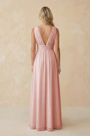 V-Neck A-Line Chiffon Ruched Bridesmaid Dress in Rose Petal (2) | KISSBRIDAL