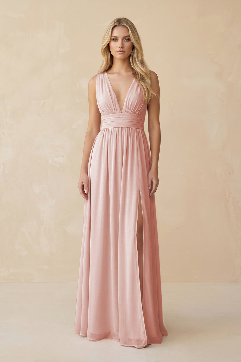 V-Neck A-Line Chiffon Ruched Bridesmaid Dress in Rose Petal