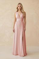 V-Neck A-Line Chiffon Ruched Bridesmaid Dress in Rose Petal | KISSBRIDAL