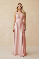 V-Neck A-Line Chiffon Ruched Bridesmaid Dress in Rose Petal | KISSBRIDAL