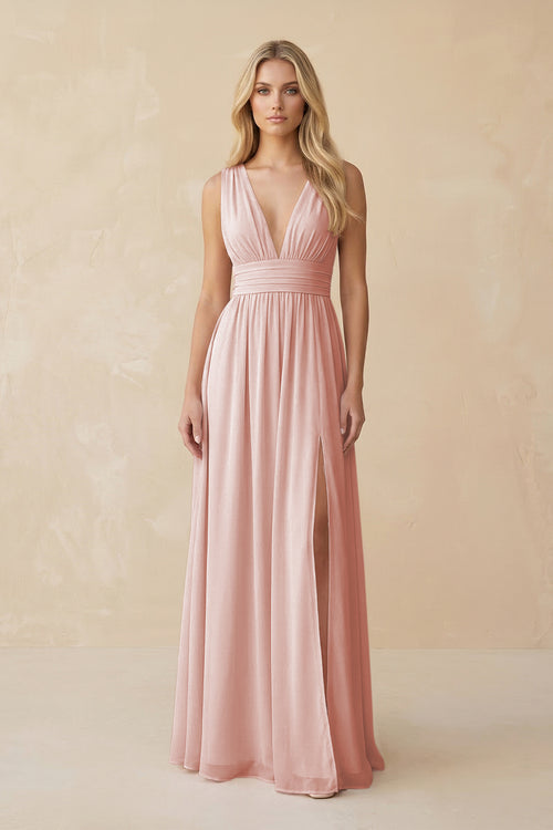 V-Neck A-Line Chiffon Ruched Bridesmaid Dress in Rose Petal | KISSBRIDAL