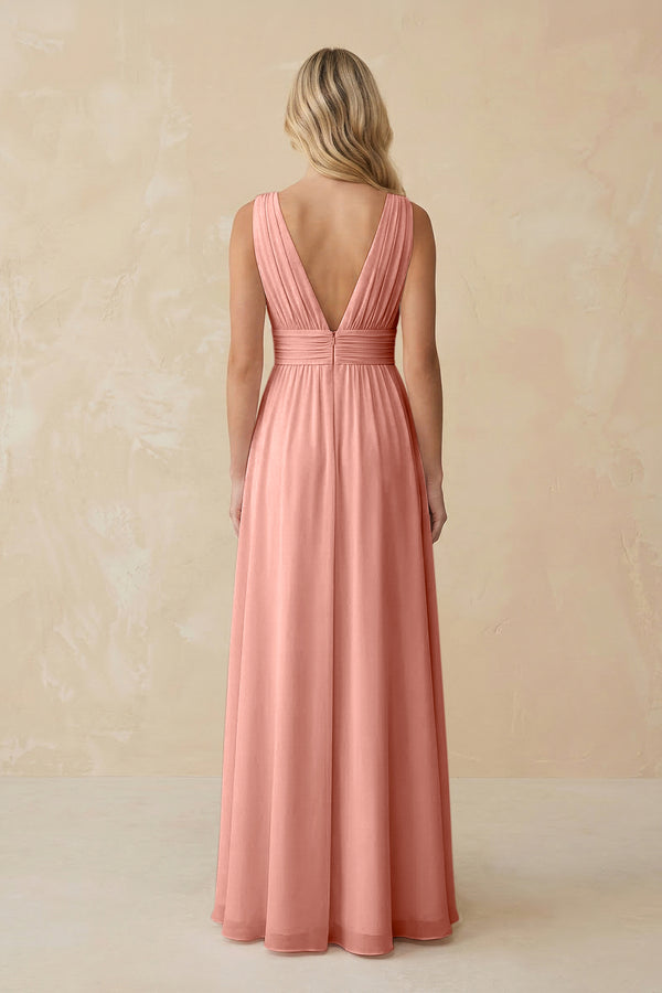 V-Neck A-Line Chiffon Ruched Bridesmaid Dress in Rosette (2) | KISSBRIDAL