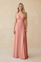 V-Neck A-Line Chiffon Ruched Bridesmaid Dress in Rosette | KISSBRIDAL