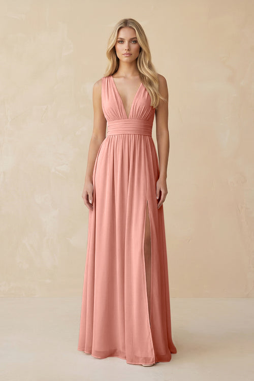 V-Neck A-Line Chiffon Ruched Bridesmaid Dress in Rosette | KISSBRIDAL