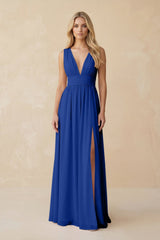 V - Neck A - Line Chiffon Ruched Bridesmaid Dress in Royal Blue - KISS BRIDAL Bridesmaid Dresses