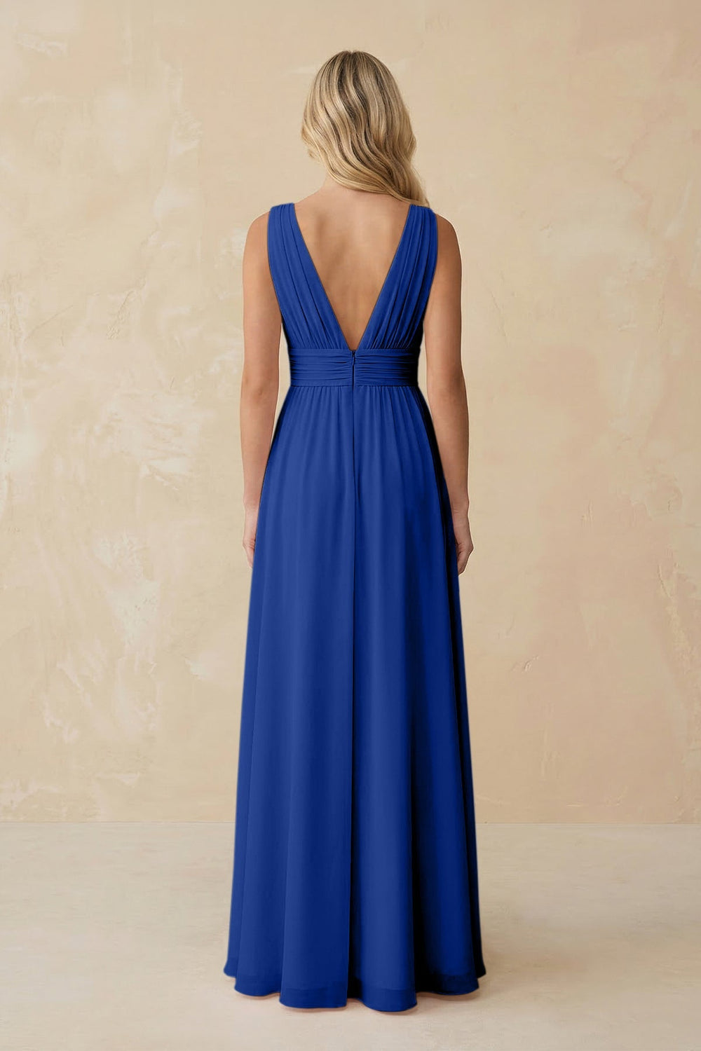 V - Neck A - Line Chiffon Ruched Bridesmaid Dress in Royal Blue - KISS BRIDAL Bridesmaid Dresses
