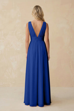 V - Neck A - Line Chiffon Ruched Bridesmaid Dress in Royal Blue - SHE IS ME Bridesmaid Dresses