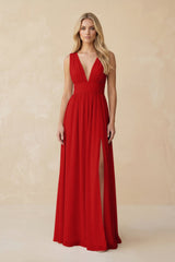 V - Neck A - Line Chiffon Ruched Bridesmaid Dress in Ruby Red - KISS BRIDAL Bridesmaid Dresses